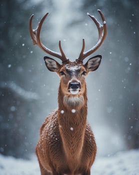 Charming Animated Deer in Winter Attire with Snowfall. photo
