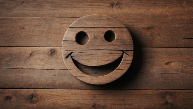 Rustic Wooden Smiley Face on Weathered Wooden Surface. photo