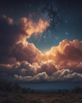 Whimsical Dreamy Cloud with Glowing Stars in a Starry Night Sky. photo