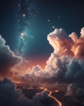 Whimsical Dreamy Cloud with Glowing Stars in a Starry Night Sky. photo