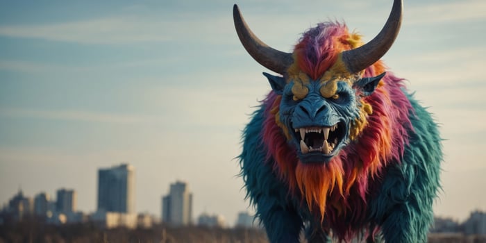A Colorful Monster with Sharp Teeth and Horns. photo