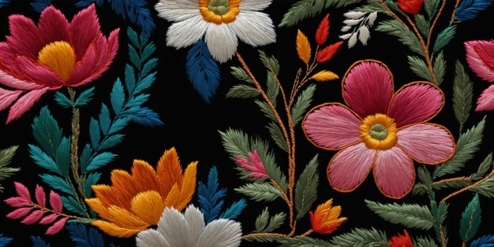 A colorful embroidered floral design on a black background. photo