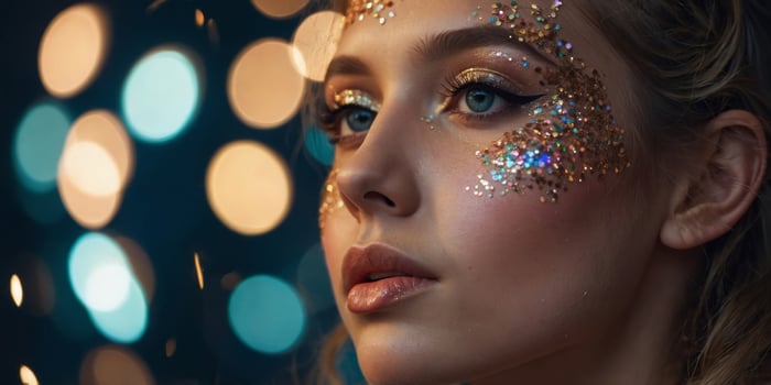 Close up of Young Girls Face with Glitter Makeup and Festive Lights. photo