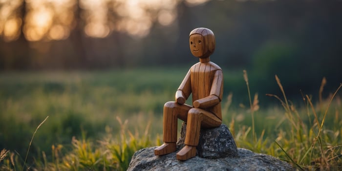 A wooden figure is sitting on a rock in a field. photo