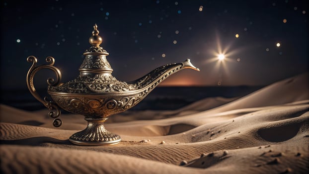 Antique genie's lamp with ornate patterns on a sand dune under a star drenched night sky photo