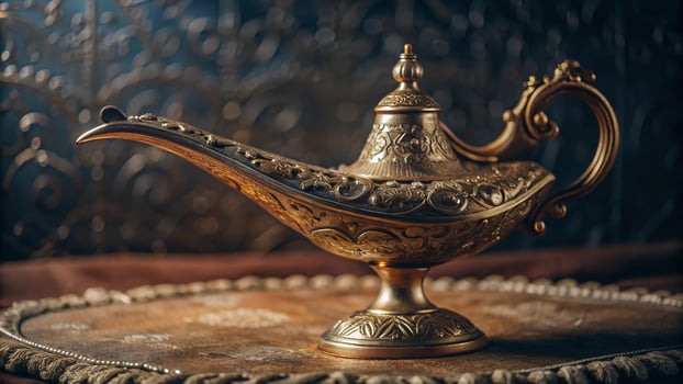 Classic Genie's lamp from the Middle-East with intricate carvings sprawled elegantly across its golden body photo