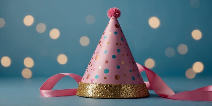 A pink party hat with gold polka dots sits on a blue background. photo