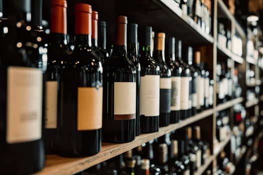 Variety of wine bottles displayed on a wooden shelf in a wine shop setting photo