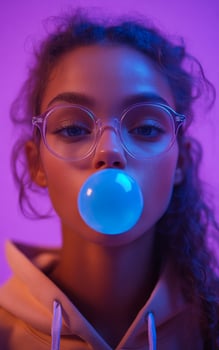 A woman with glasses blowing bubbles. The bubbles are blue and the woman is wearing a pink hoodie photo