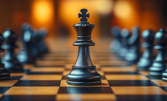 A black chess piece is on a checkered board. The king is in the middle of the board photo