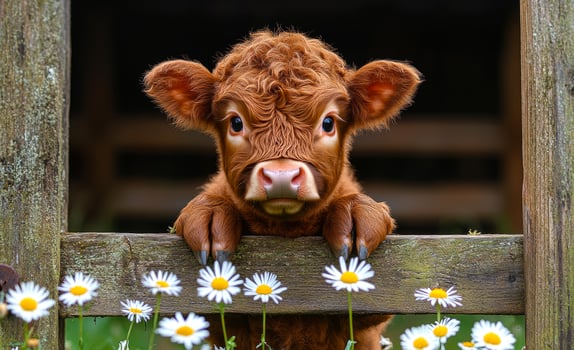 A baby cow is standing in front of a wooden fence with a bunch of daisies in the background photo