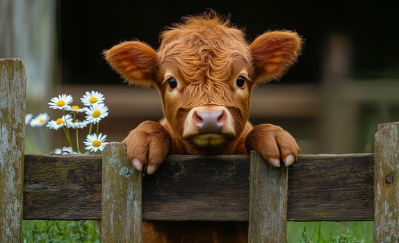 A baby cow is standing in front of a wooden fence with a bunch of daisies in the foreground photo