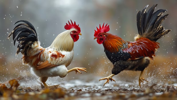 Two roosters are fighting in the rain. One is white and the other is red. Cockfighting photo