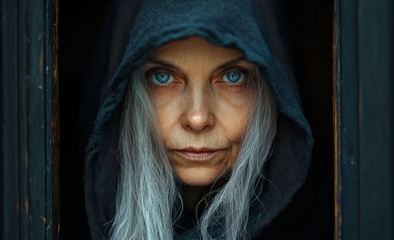 A woman with long gray hair and blue eyes is wearing a hooded sweatshirt. She looks tired and sad photo