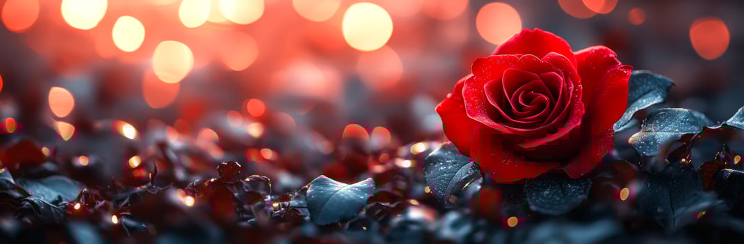 A red rose is the main focus of this image, which is set against a backdrop of dark, blurry colors. The rose appears to be surrounded by a lot of debris, giving the impression of a chaotic photo