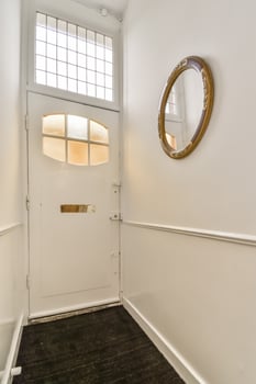 A white door with a round mirror on the wall photo