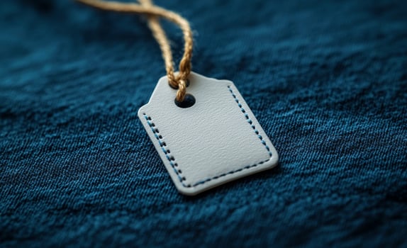 A tag is hanging from a string on a blue surface. The tag is white and has a hole in the center photo