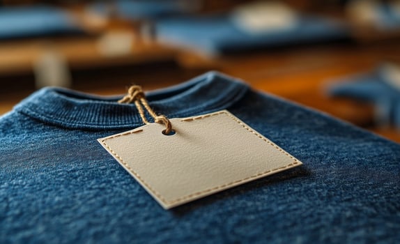 A blue shirt with a white tag hanging from the neck photo