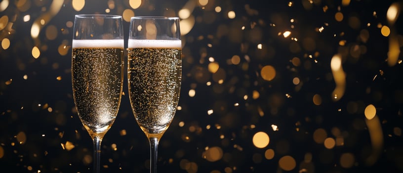 Celebration with champagne flutes and sparkling confetti at a party event photo