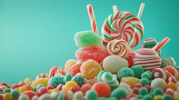 Pile of variety of delicious candies, green candies photo