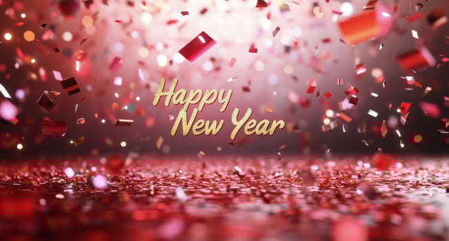 Festive red ornament with Happy New Year message surrounded by colorful decorations and lights photo