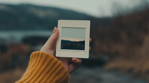 Close-up of a person's hand holding blank polaroid photo