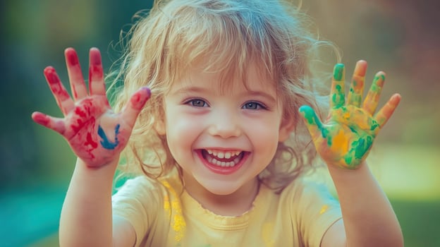 Happy child enjoying colorful finger photo