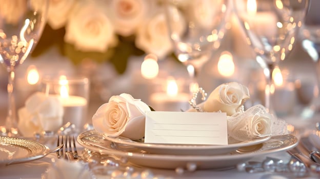 A lovely arrangement showcases pristine white roses and flickering candles on a finely laid table, creating a warm and inviting atmosphere for a special gathering photo
