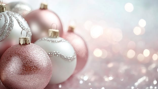 Colorful Christmas ornaments on a glittery background during the holiday season photo