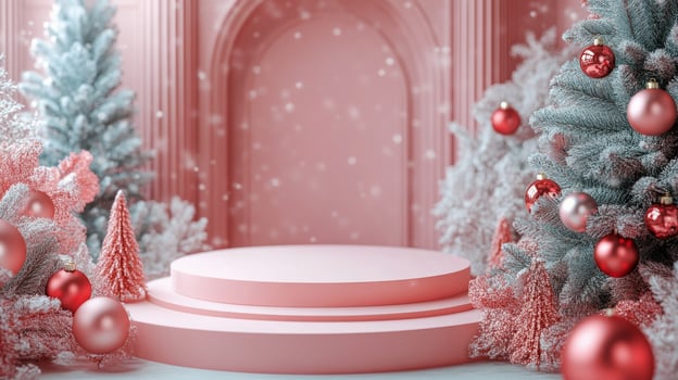 Elegant festive stage design with Christmas trees and decorative elements for the holiday season photo