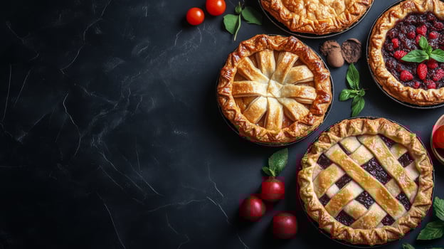 Delicious assortment of homemade fruit pies displayed on a dark surface with fresh berries photo