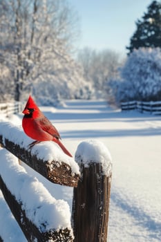 Bright red cardinal perched on a snow-covered fence in a winter landscape during daylight photo