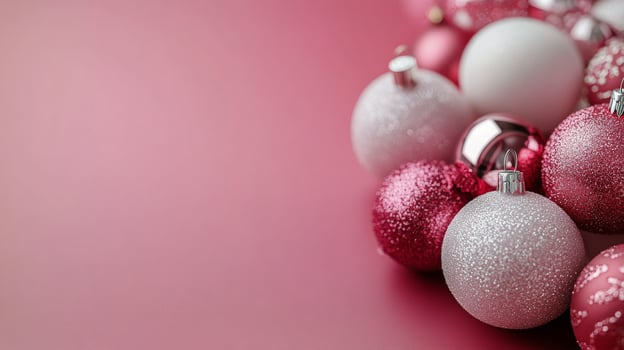 Festive pink and red ornaments resting on artificial snow with blurred lights in the background photo