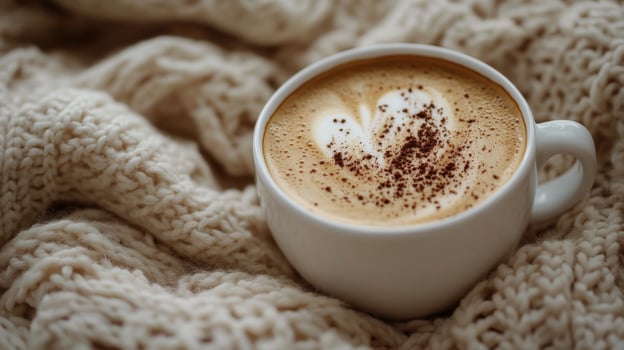 Cozy autumn afternoon with a warm cup of latte resting on a textured blanket surrounded by leaves photo