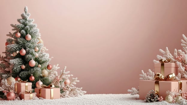 Festively decorated Christmas tree with pink ornaments and gifts on a snowy background photo