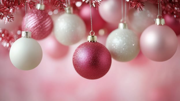 Colorful Christmas ornaments on a glittery background during the holiday season photo