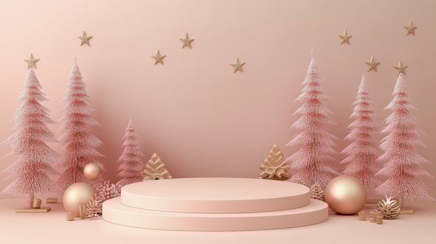 Elegant festive stage design with Christmas trees and decorative elements for the holiday season photo