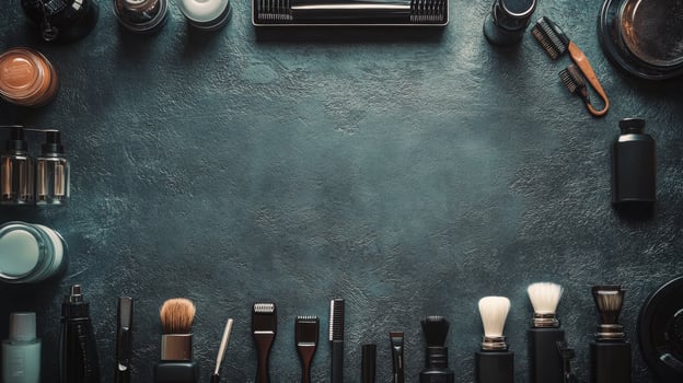 A flat lay of assorted grooming and beauty tools arranged on a textured dark surface photo