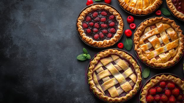 Delicious assortment of homemade fruit pies displayed on a dark surface with fresh berries photo