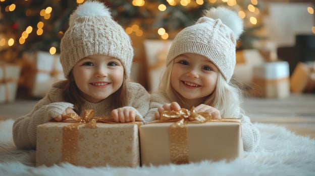 Two happy kids eagerly getting ready to open Christmas gifts in a cozy, festive room photo