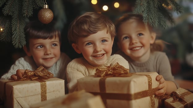 Three adorable children gazing at wrapped gifts under a Christmas tree in a cozy living room photo
