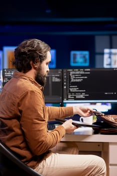 Man packing laptop after finishing doing software quality assurance and reading source code. Developer placing notebook in backpack after inspecting coding on desktop PC and finding all issues photo