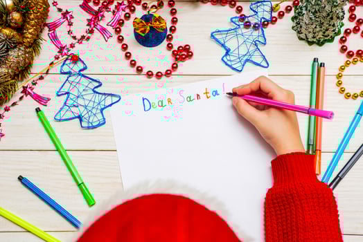 Little child is writing letter to Santa Claus at table photo