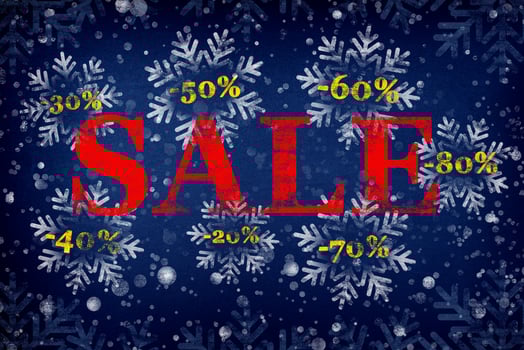 Winter sale banner with red sale text and snowflakes with discount percentages photo