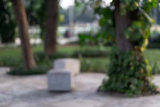 Blurry background of public park outdoors surrounded by trees and sidewalk photo