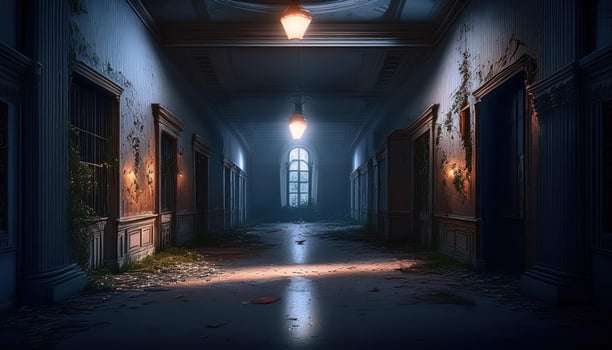 Haunting abandoned asylum with flickering lights photo