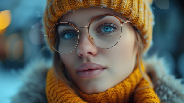 Beautiful Woman with Blue Eyes Wearing Glasses and Yellow Knitted Hat photo