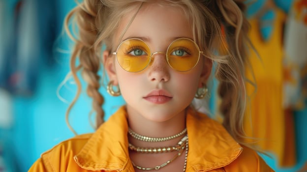 Stylish Blonde Girl in Yellow Sunglasses and Jacket photo