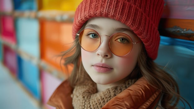 Girl Wearing Red Knit Beanie and Round Sunglasses Against Colorful Background photo