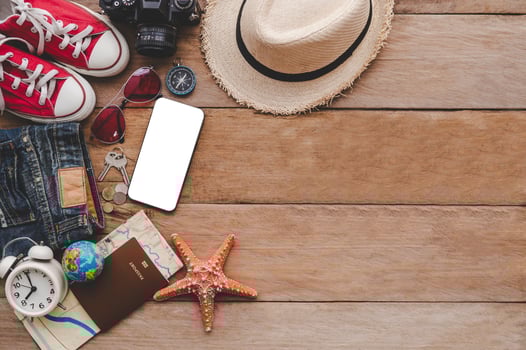 Travel accessories costumes. The cost of travel maps prepared for the trip.travel planning concept photo